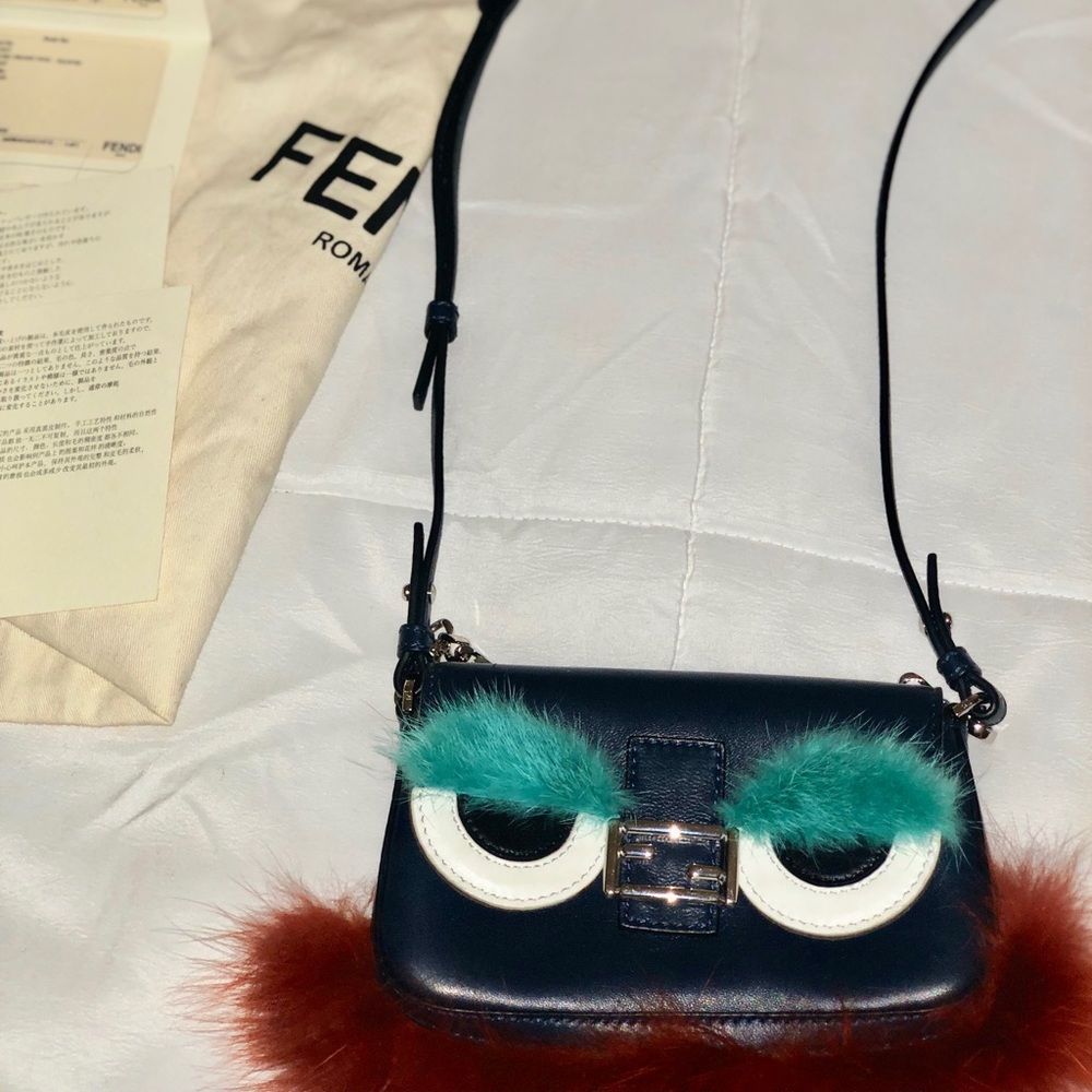 Fendi Bleu Bug Micro Baguette Clutch Bag Purse.